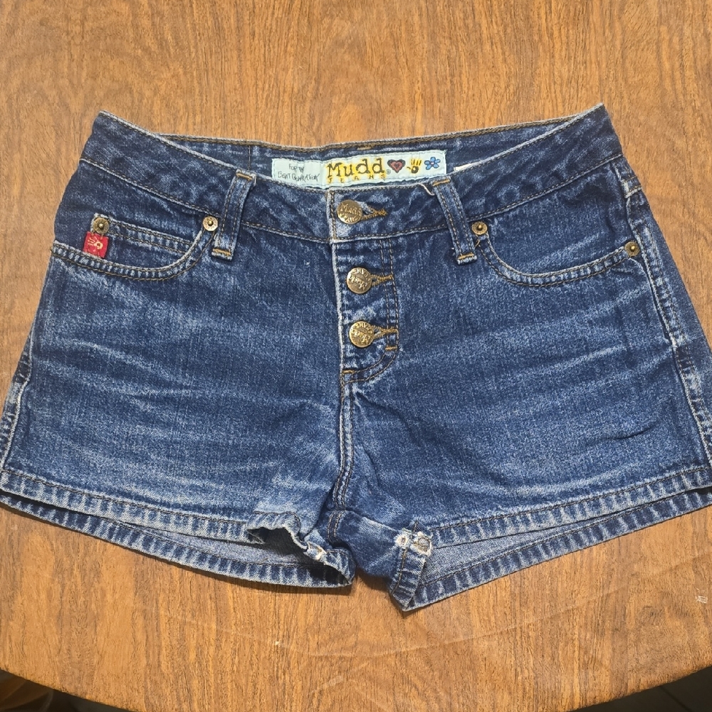 Mudd Women’s Dark Blue Washed Denim Button-Fly Shorts